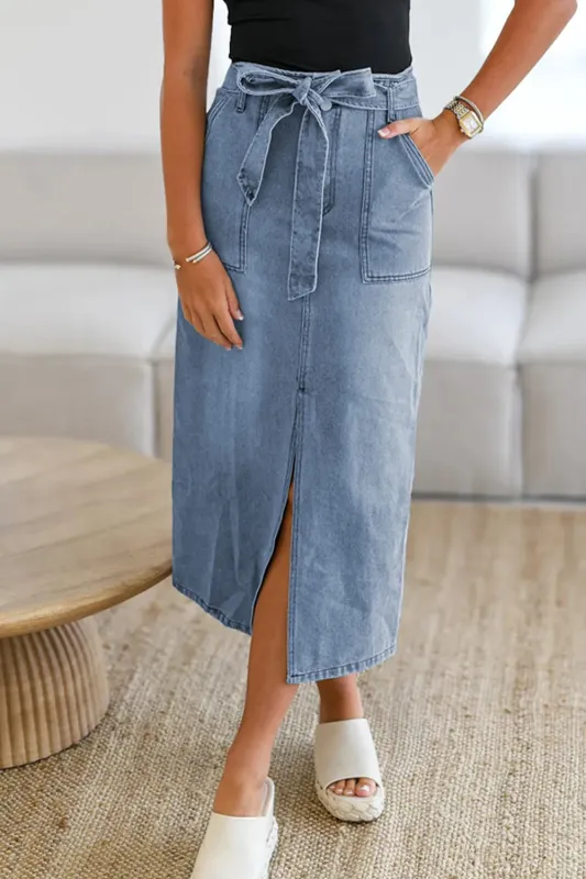 Tied Slit Denim Skirt sold by Gigi Laurent
