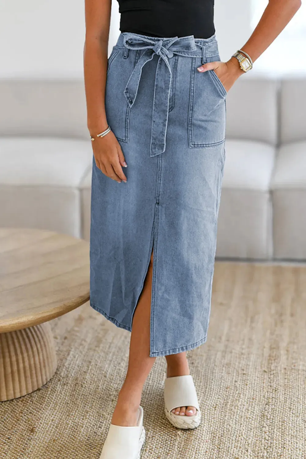 Tied Slit Denim Skirt sold by Gigi Laurent