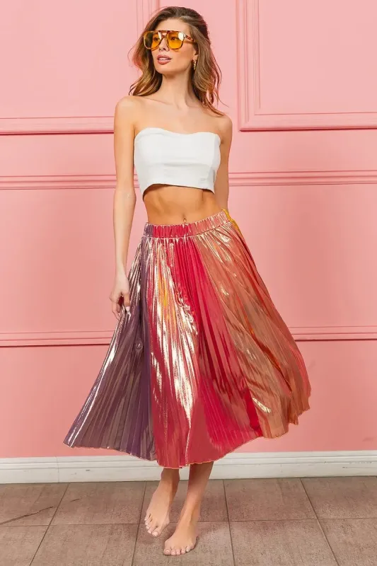 BiBi Metallic Color Block Pleats Midi Skirt sold by Gigi Laurent