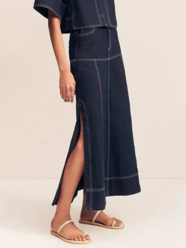 High-Waist Side Slit Contrast Stitch Denim Maxi Skirt sold by Gigi Laurent