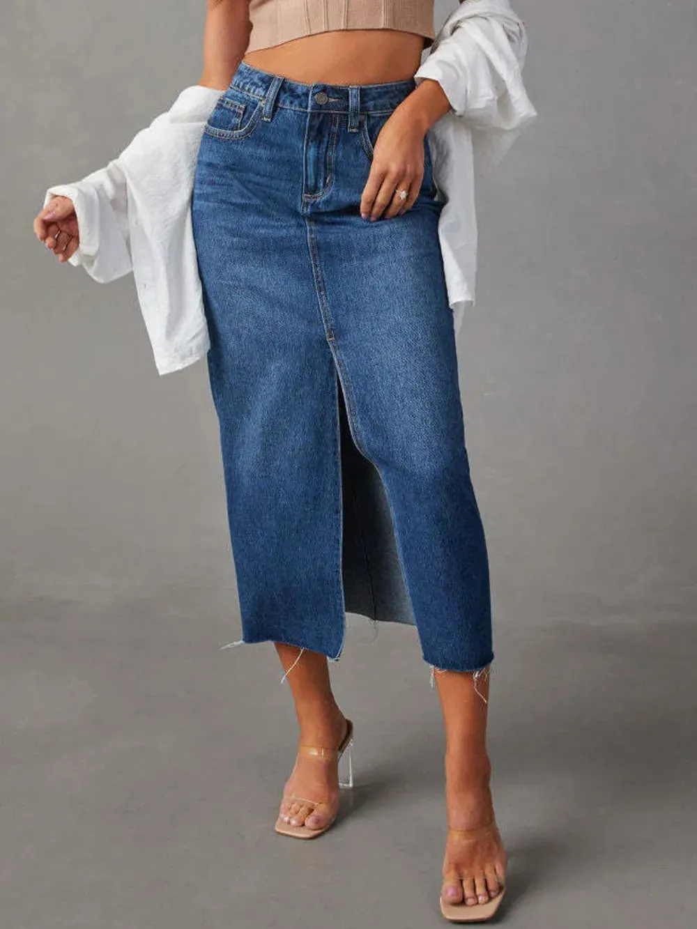 Raw Hem Front Slit Denim Midi Skirt sold by Gigi Laurent product image thumbnail 4