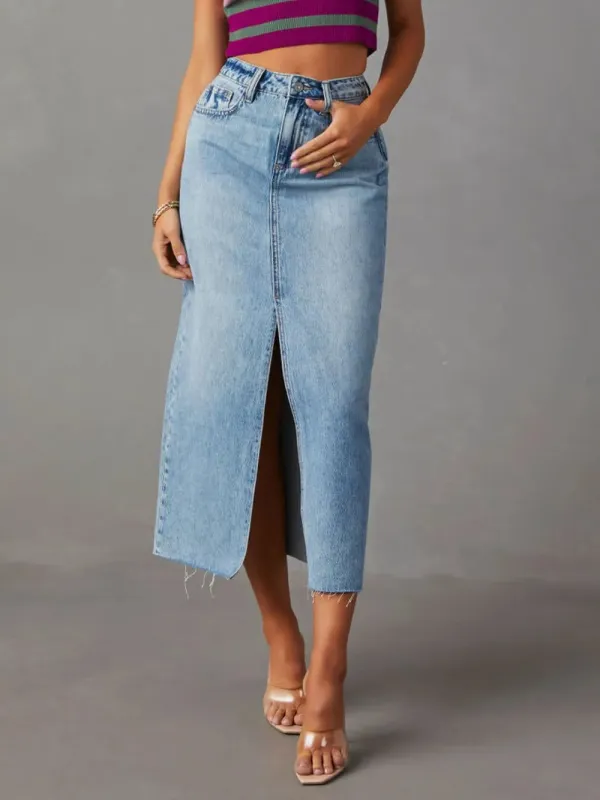 Raw Hem Front Slit Denim Midi Skirt sold by Gigi Laurent