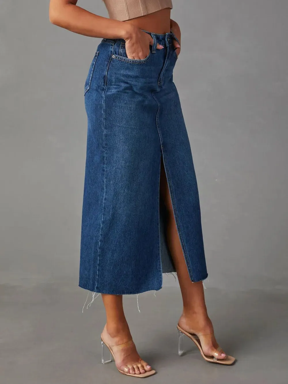 Raw Hem Front Slit Denim Midi Skirt sold by Gigi Laurent product image thumbnail 5