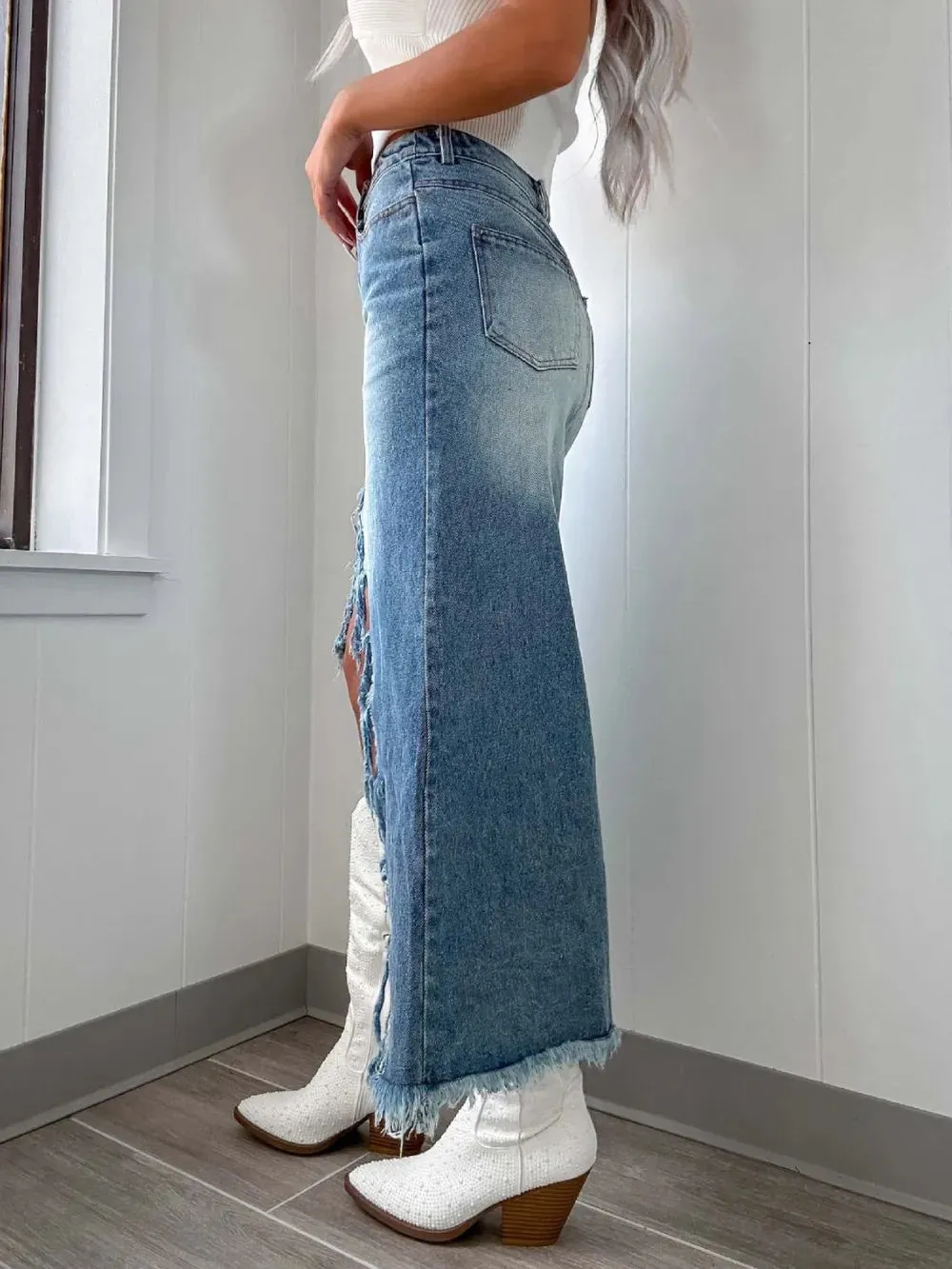 High-Waist Raw Hem Asymmetry Denim Skirt sold by Gigi Laurent product image thumbnail 3