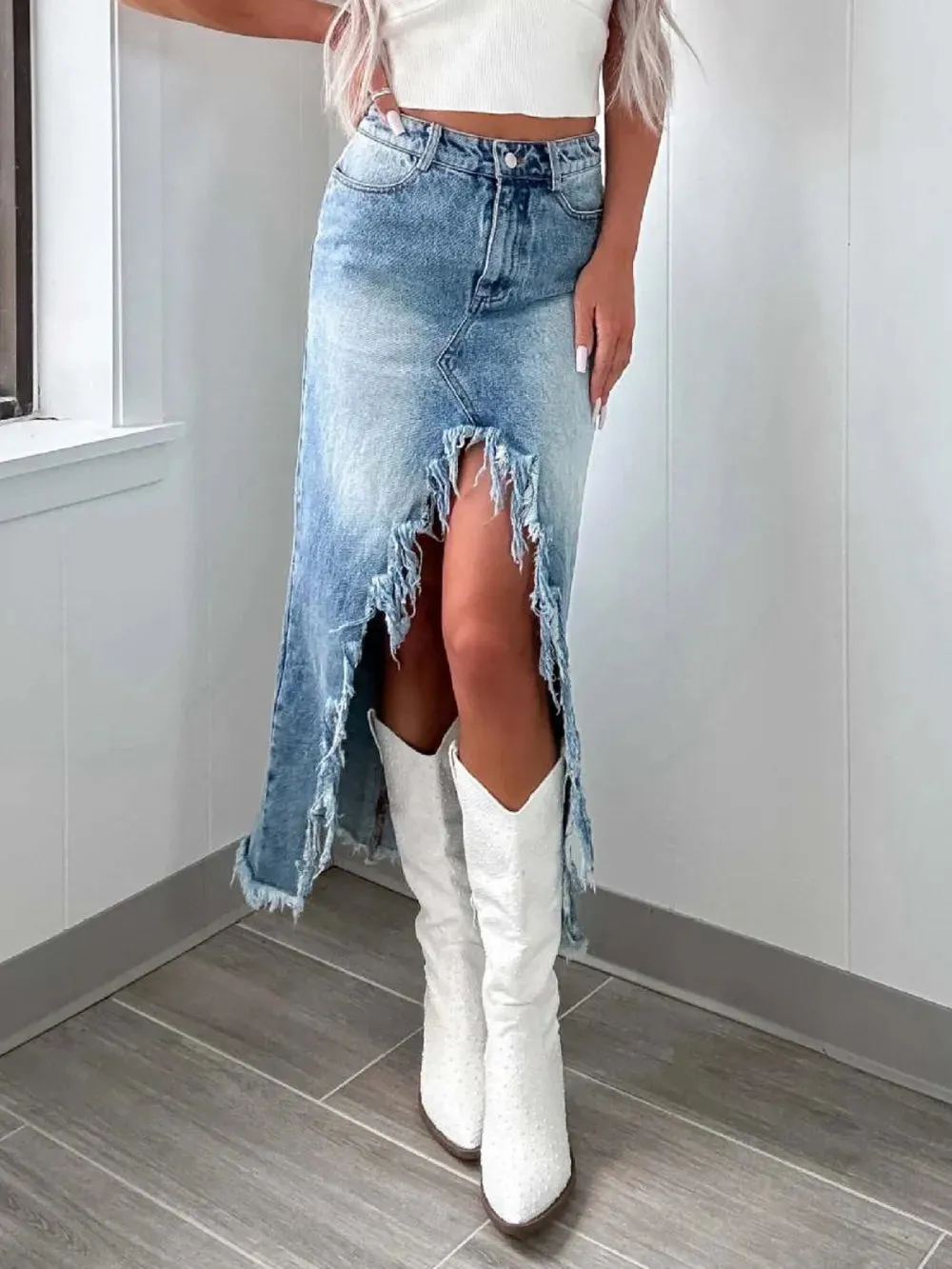 High-Waist Raw Hem Asymmetry Denim Skirt sold by Gigi Laurent product image thumbnail 2