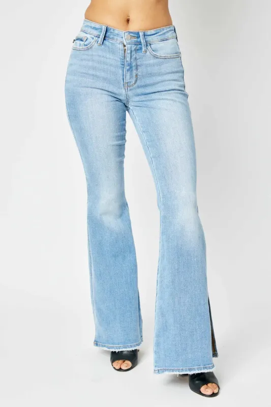 Judy Blue Full Size Mid Rise Raw Hem Slit Flare Jeans sold by Gigi Laurent