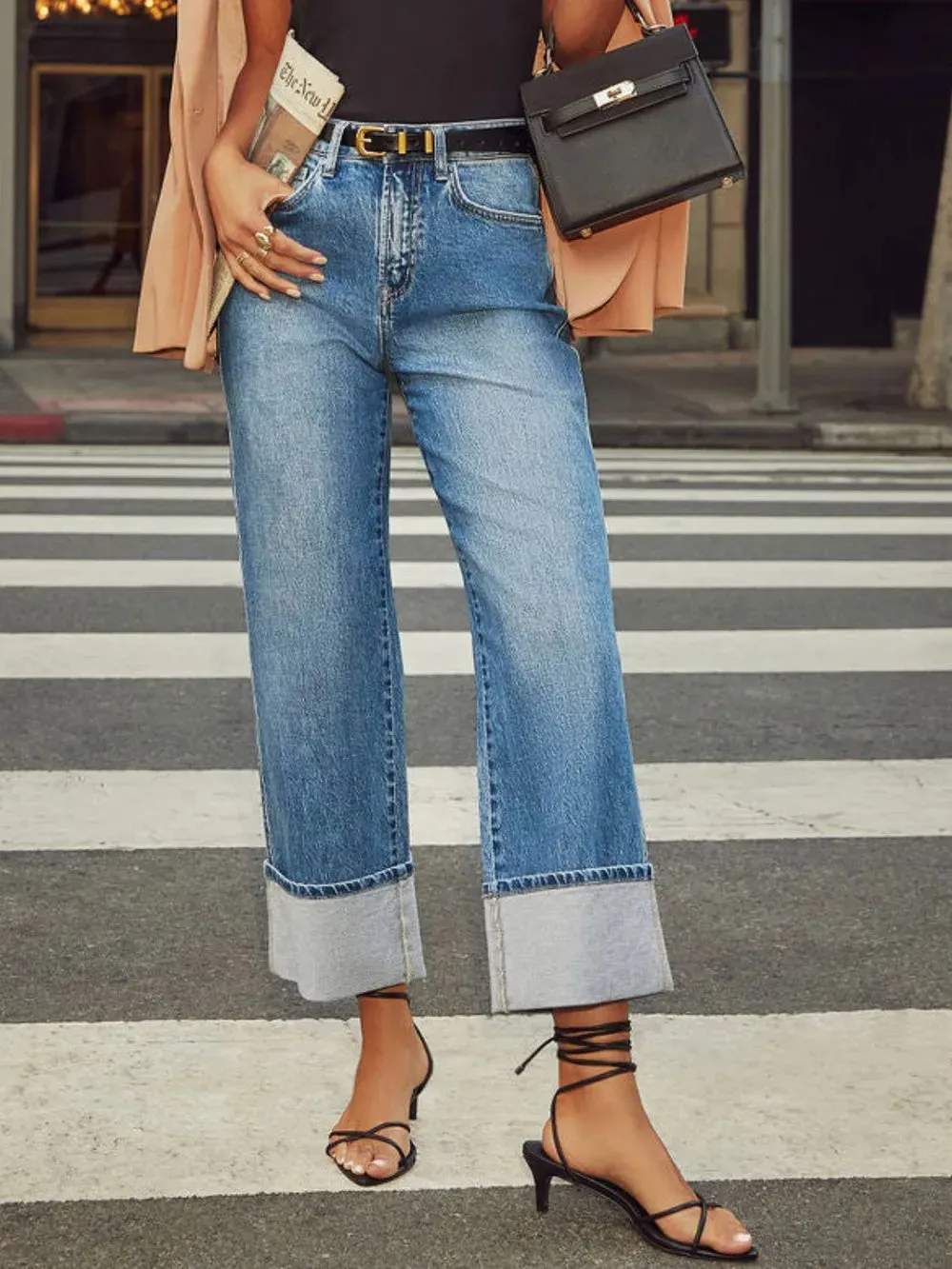 High Waisted Straight Leg Rolled Jeans sold by Gigi Laurent