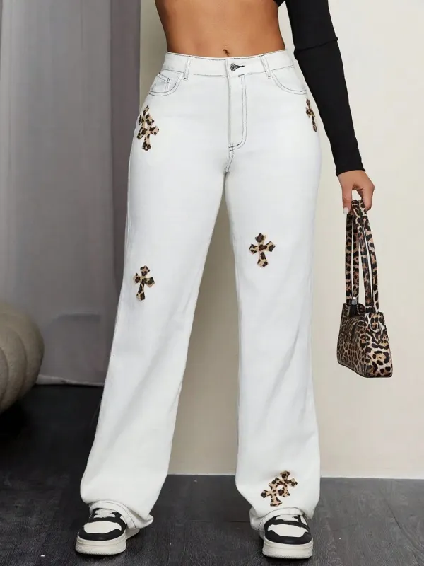 Leopard Cross Detail Straight Leg Jeans sold by Gigi Laurent
