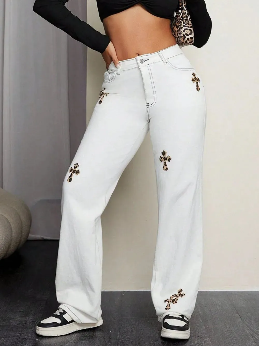 Leopard Cross Detail Straight Leg Jeans sold by Gigi Laurent product image thumbnail 3