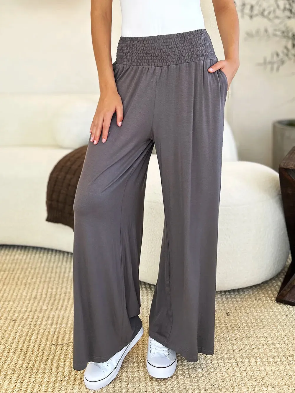 Basic Bae Full Size Smocked Wide Waistband Wide Leg Pants sold by Gigi Laurent