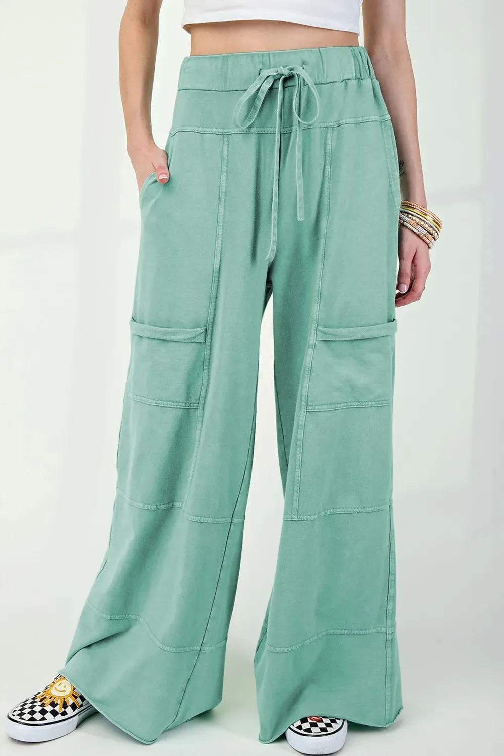 Mineral Wash Exposed Seam Drawstring High Waist Wide Leg Cargo Pants sold by Gigi Laurent