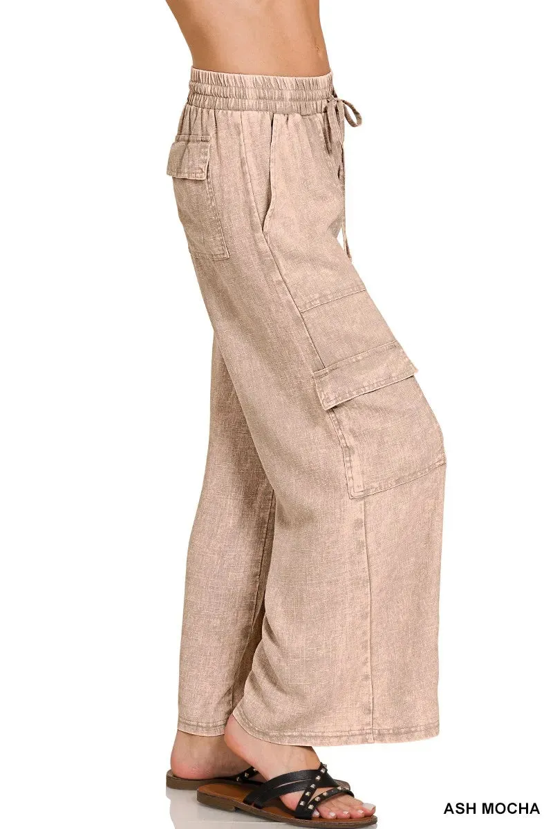 Zenana Washed Linen Elastic Band Waist Cargo Pants sold by Gigi Laurent product image thumbnail 3