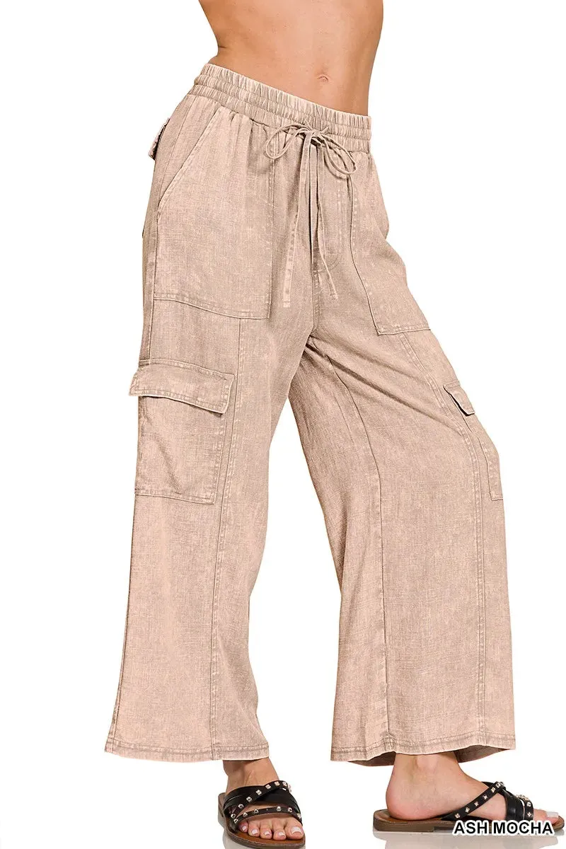 Zenana Washed Linen Elastic Band Waist Cargo Pants sold by Gigi Laurent product image thumbnail 4