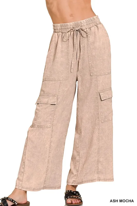 Zenana Washed Linen Elastic Band Waist Cargo Pants sold by Gigi Laurent