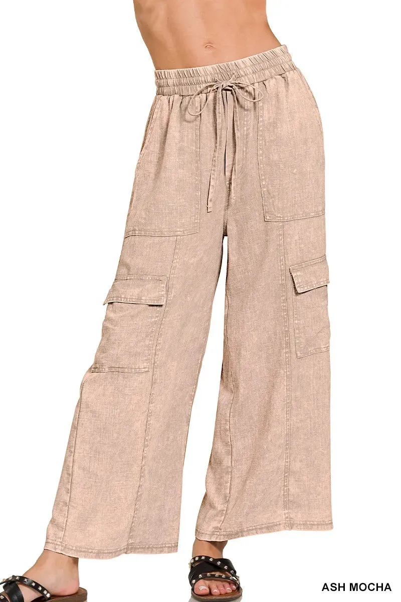 Zenana Washed Linen Elastic Band Waist Cargo Pants sold by Gigi Laurent