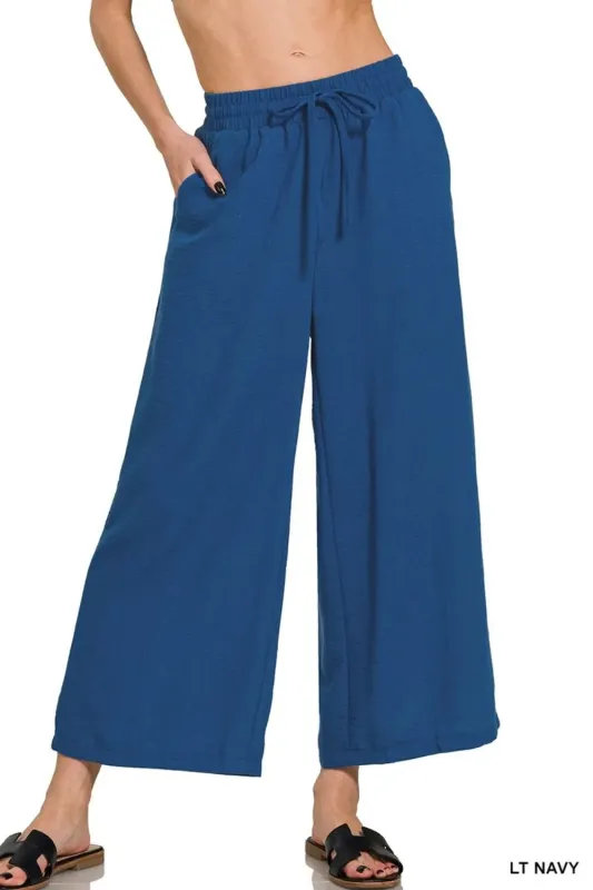 Zenana Woven Crepe Elastic Band Waist Cropped Pants sold by Gigi Laurent