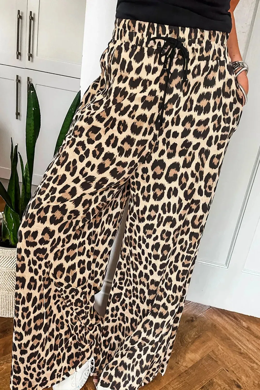 Parchment Leopard Drawstring Flowy Wide Leg Pants sold by Gigi Laurent