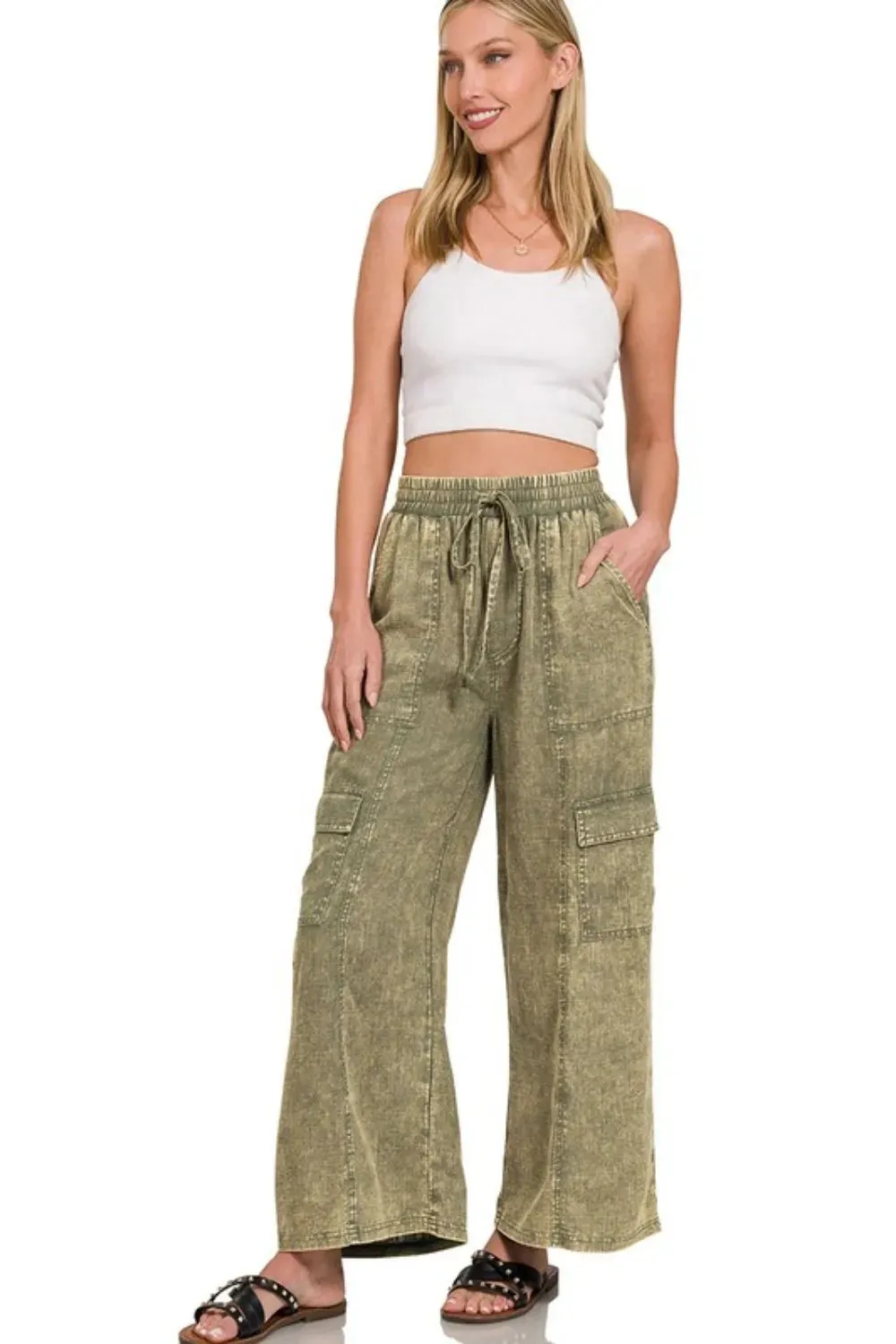 Zenana Washed Linen Elastic Band Waist Cargo Pants sold by Gigi Laurent product image thumbnail 3