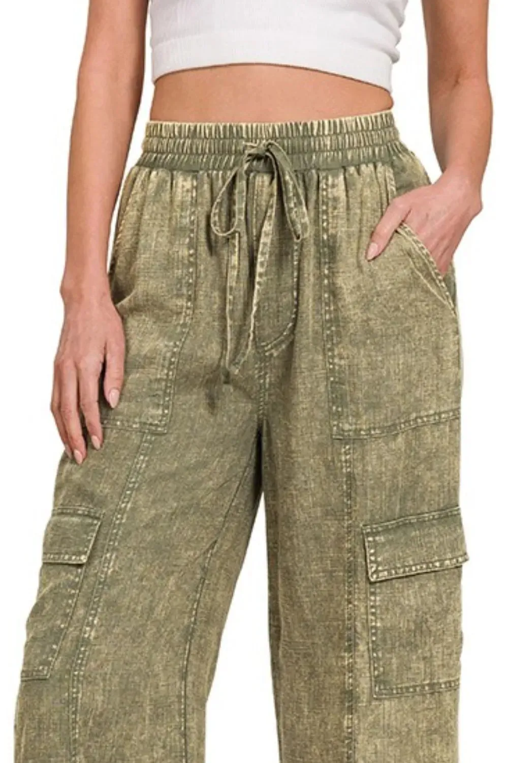 Zenana Washed Linen Elastic Band Waist Cargo Pants sold by Gigi Laurent product image thumbnail 2