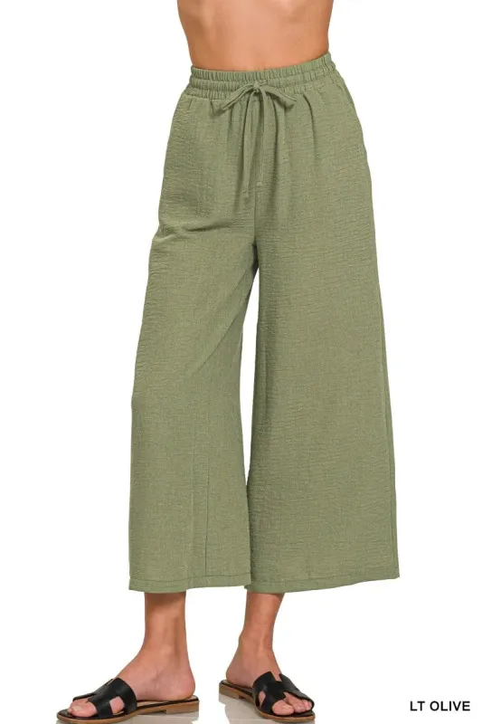Zenana Woven Crepe Elastic Band Waist Cropped Pants sold by Gigi Laurent