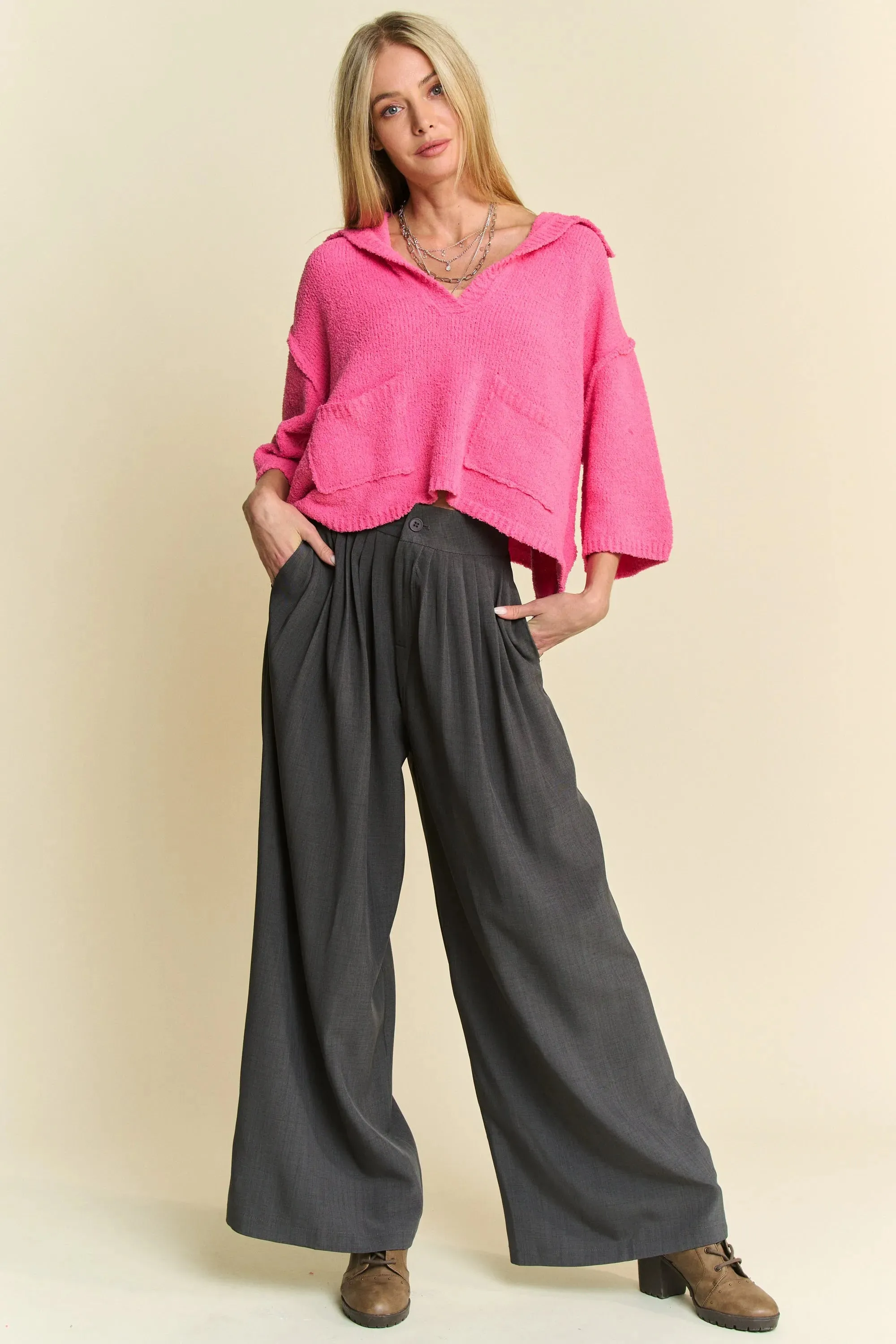 Davi & Dani Solid Back Pocket Shirring Detail Wide Leg Pants sold by Gigi Laurent product image thumbnail 5