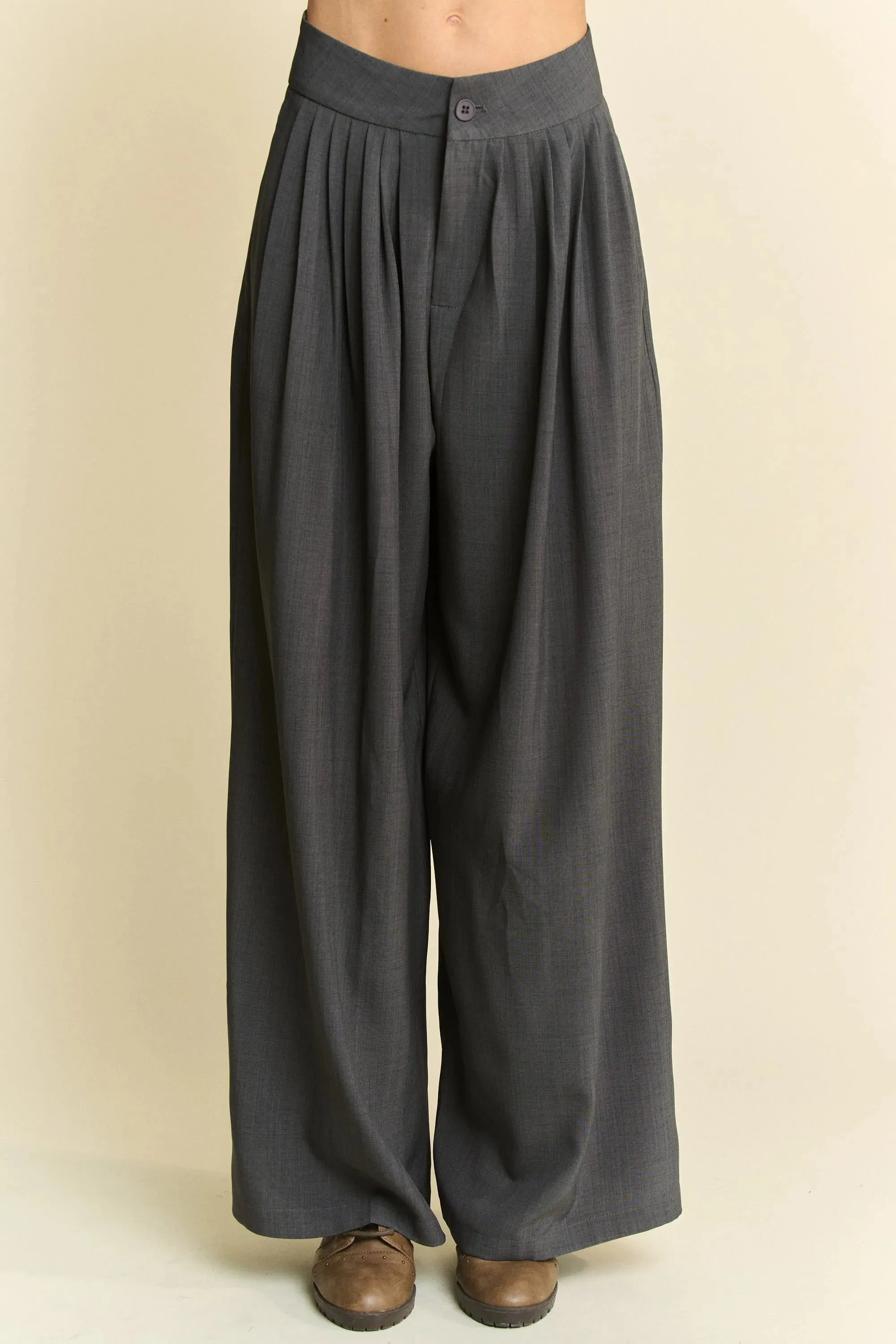 Davi & Dani Solid Back Pocket Shirring Detail Wide Leg Pants sold by Gigi Laurent