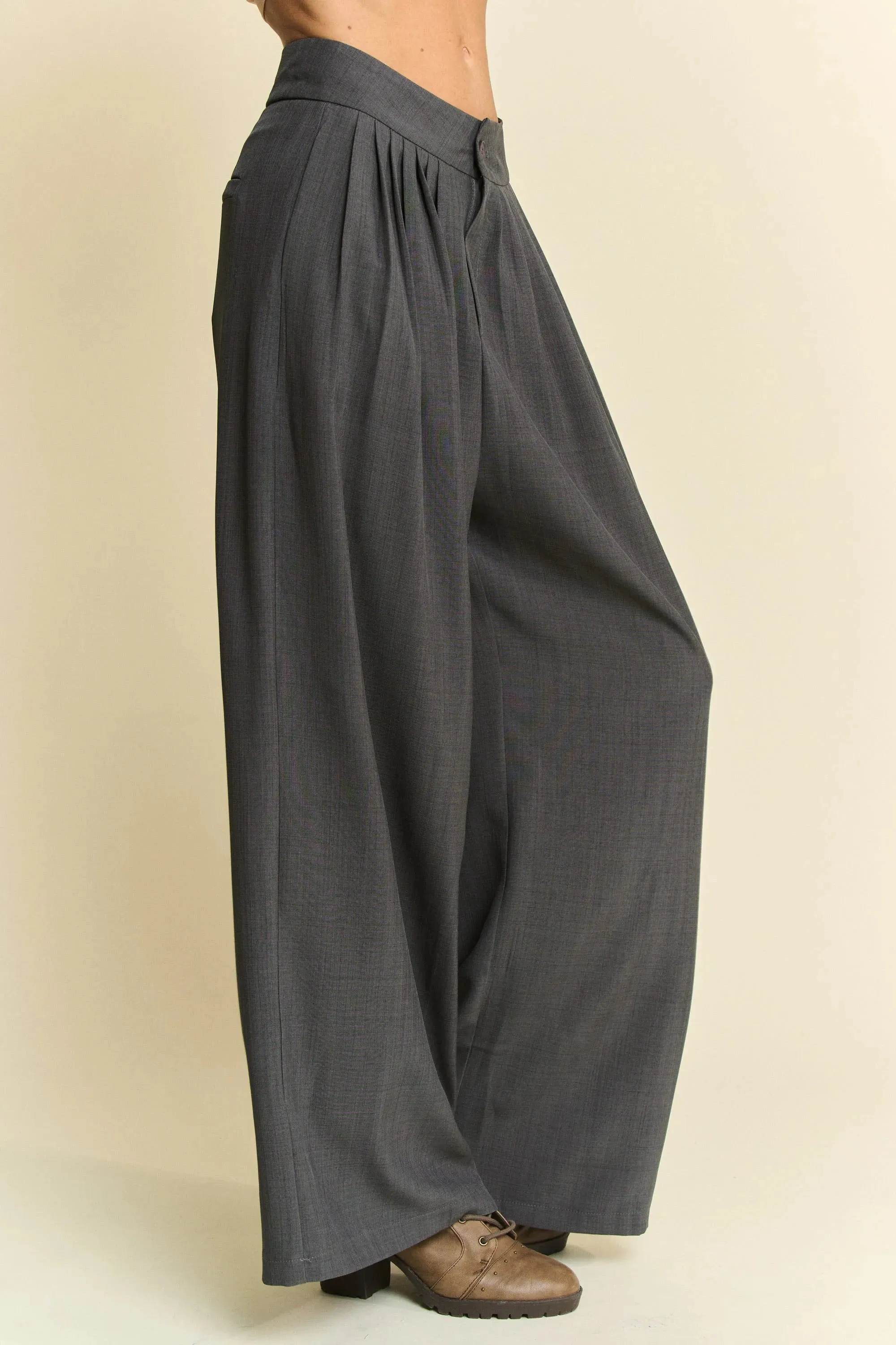 Davi & Dani Solid Back Pocket Shirring Detail Wide Leg Pants sold by Gigi Laurent product image thumbnail 2