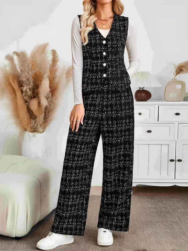Plaid V-Neck Button Up Vest and Pants Set sold by Gigi Laurent