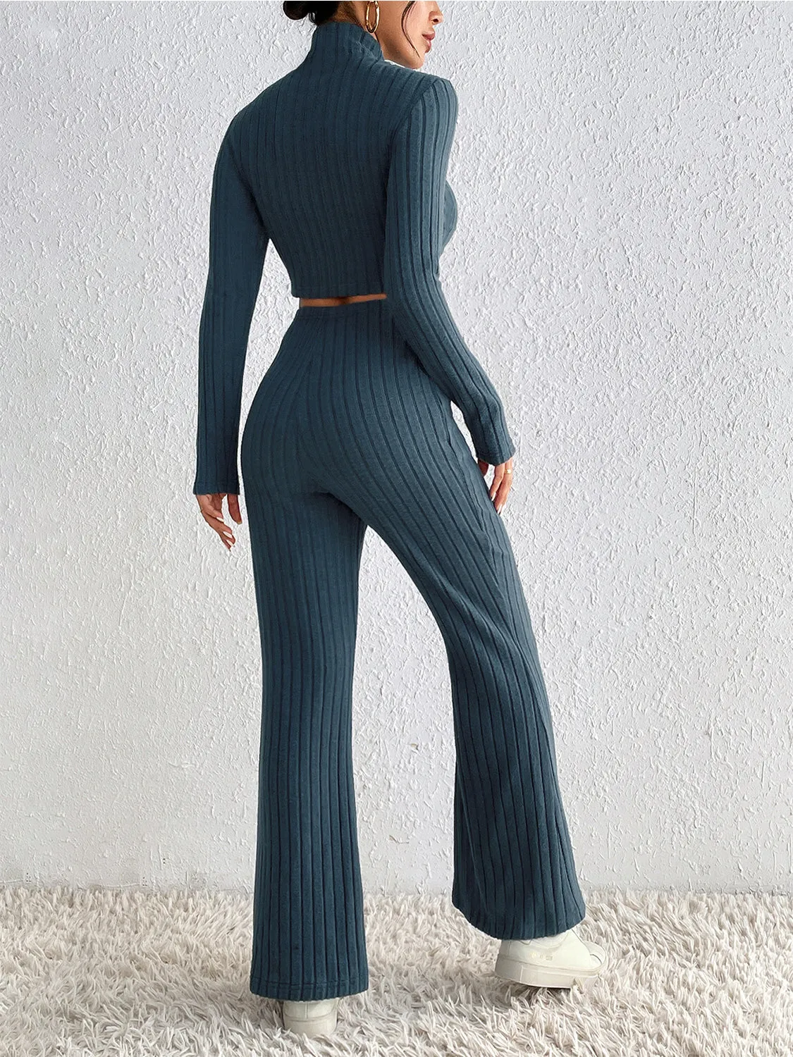 Honey Ribbed Mock Neck Cropped Sweater & High Waist Pants Set sold by Gigi Laurent product image thumbnail 4