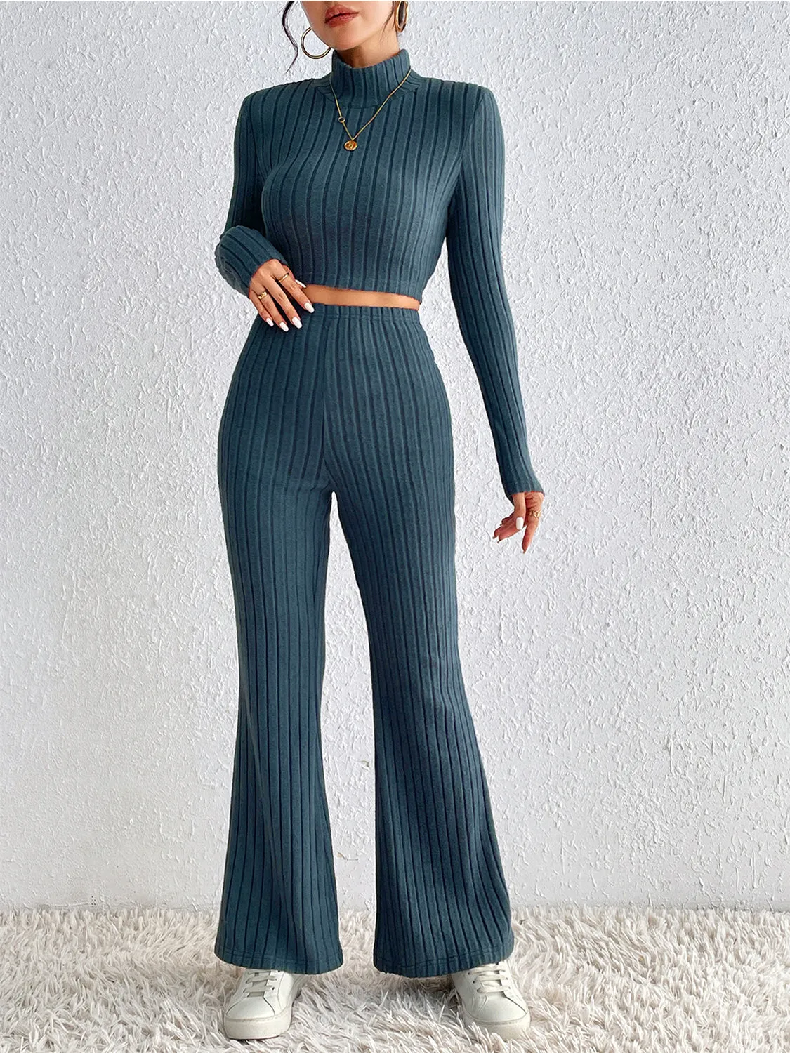 Honey Ribbed Mock Neck Cropped Sweater & High Waist Pants Set sold by Gigi Laurent