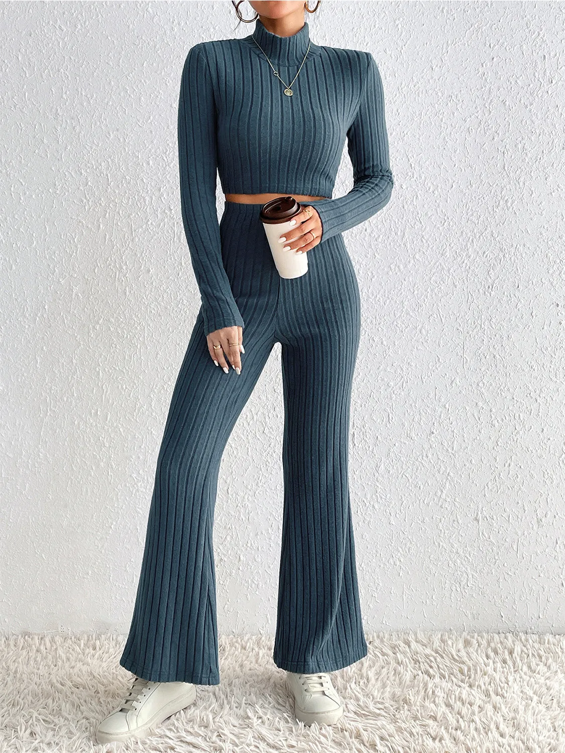 Honey Ribbed Mock Neck Cropped Sweater & High Waist Pants Set sold by Gigi Laurent product image thumbnail 2