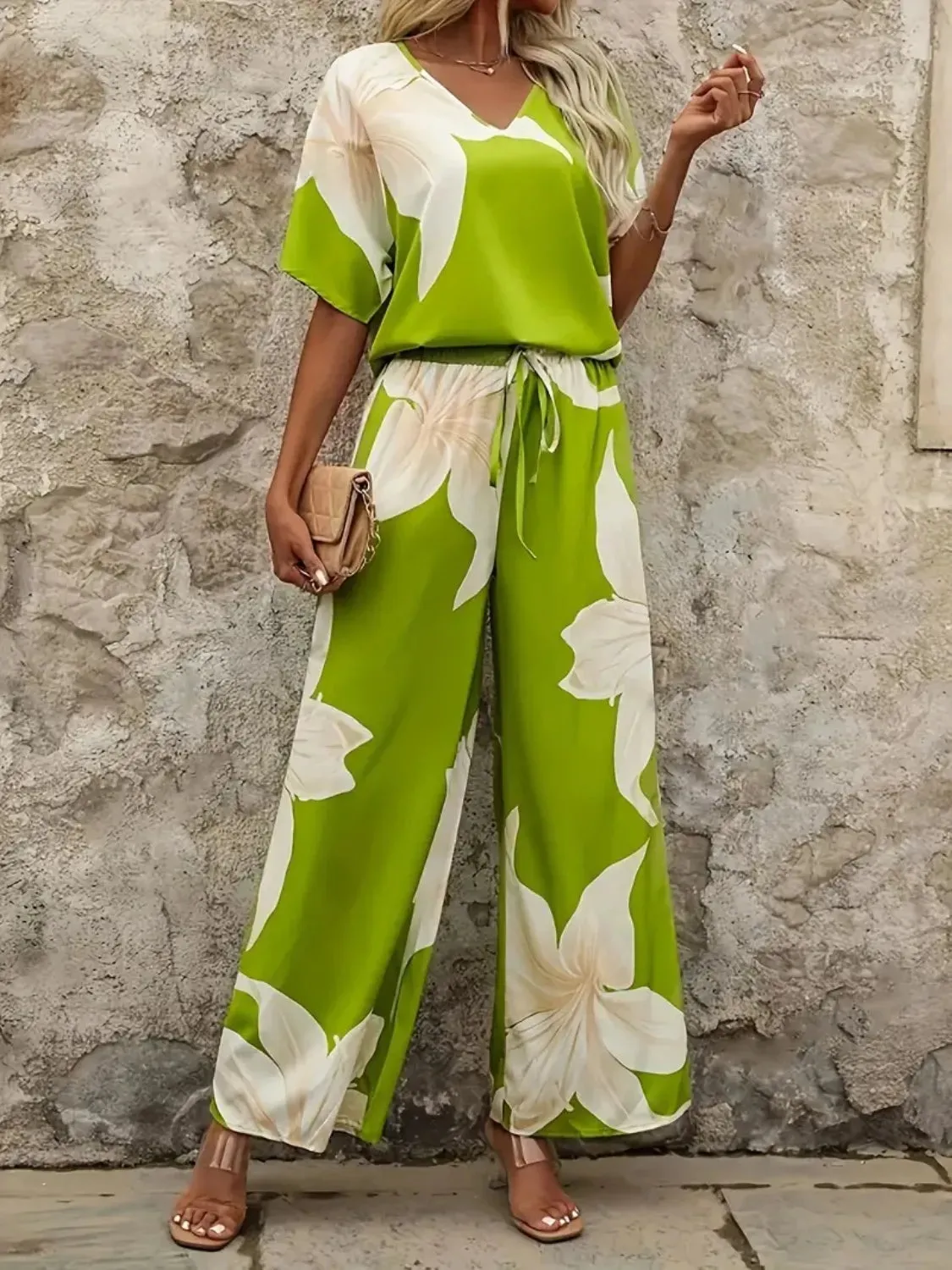 Printed V-Neck Top and Wide Leg Pants Set sold by Gigi Laurent