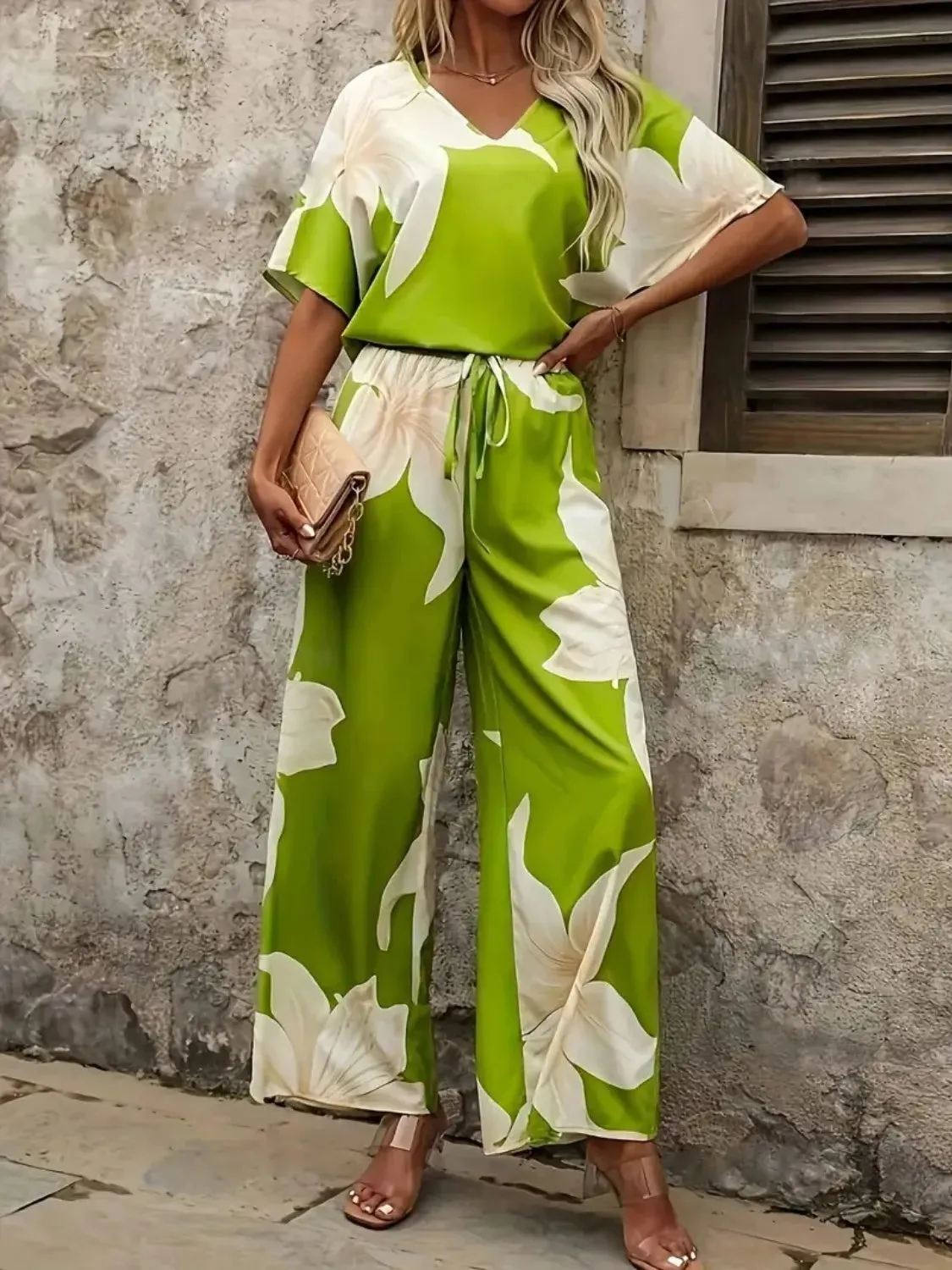Printed V-Neck Top and Wide Leg Pants Set sold by Gigi Laurent product image thumbnail 2