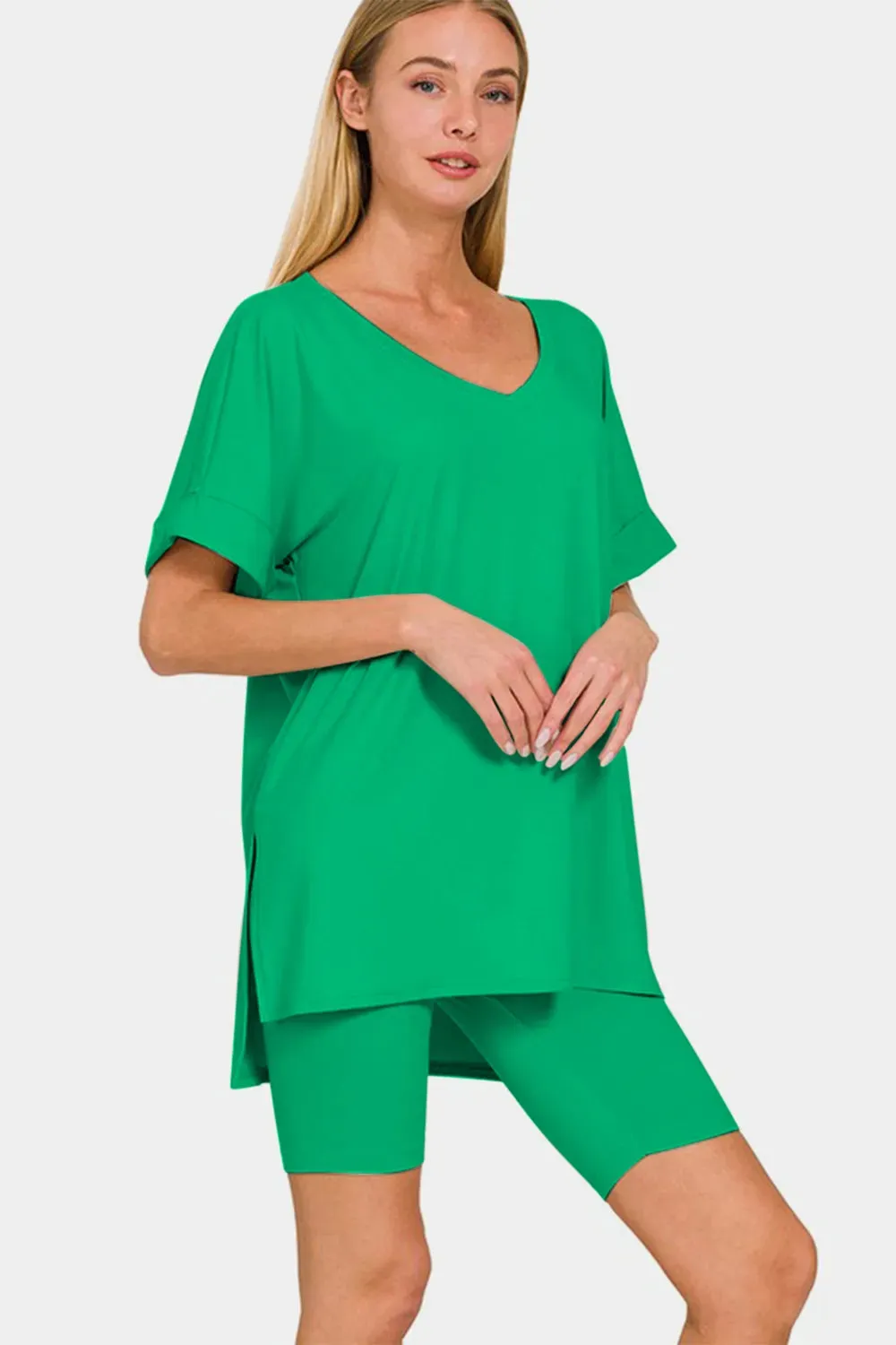 Zenana V-Neck Short Sleeve T-Shirt and Biker Shorts Set sold by Gigi Laurent product image thumbnail 3
