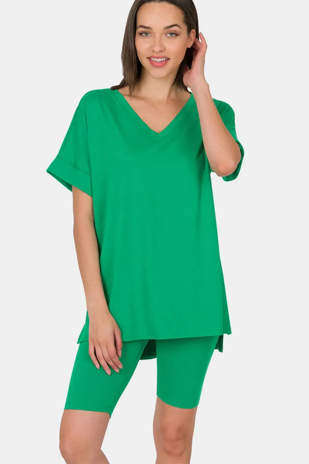 Zenana V-Neck Short Sleeve T-Shirt and Biker Shorts Set sold by Gigi Laurent