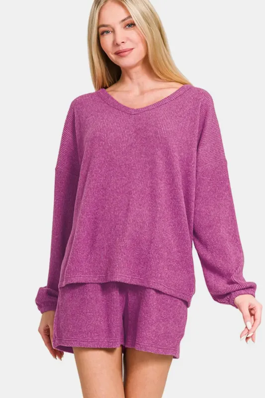 Zenana V-Neck Long Sleeve Ribbed Top and Shorts Set sold by Gigi Laurent