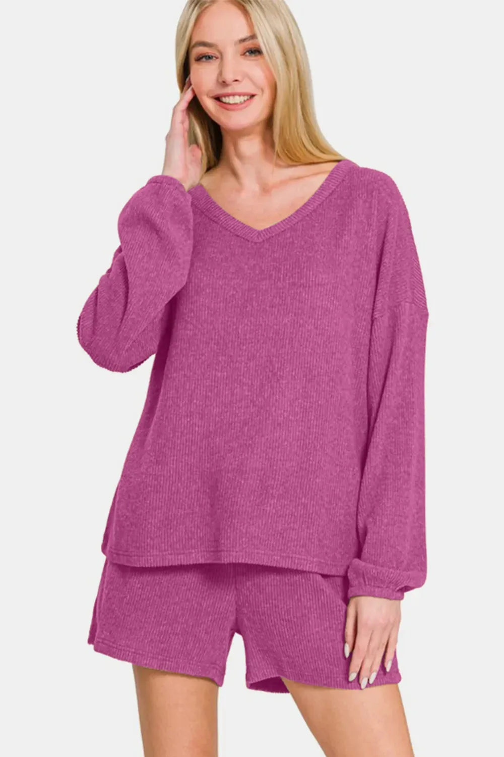 Zenana V-Neck Long Sleeve Ribbed Top and Shorts Set sold by Gigi Laurent product image thumbnail 3
