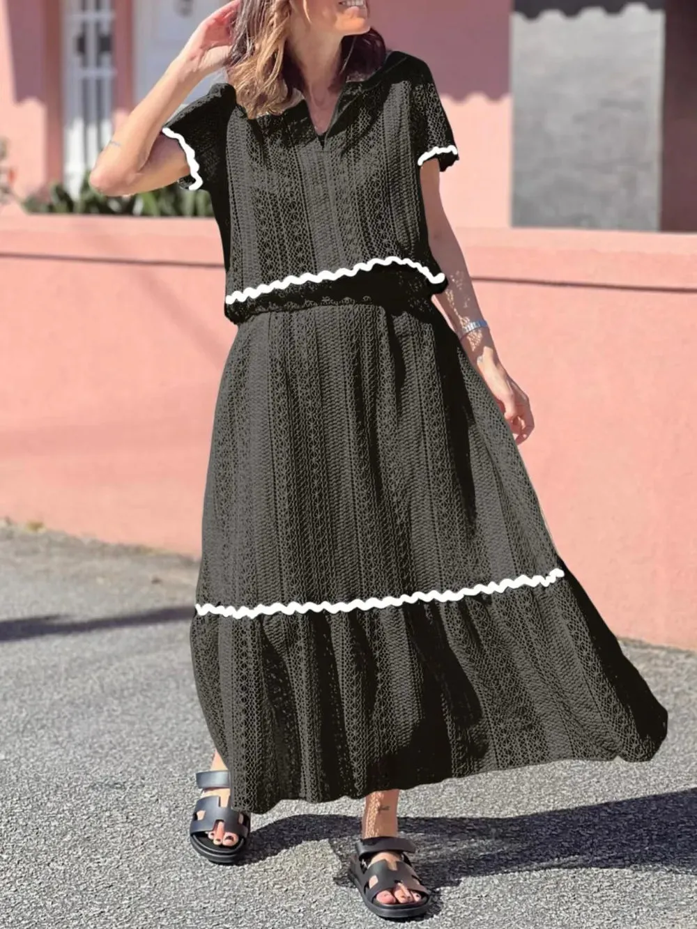 Contrast Trim Openwork Short Sleeve Top and Skirt Set sold by Gigi Laurent product image thumbnail 5
