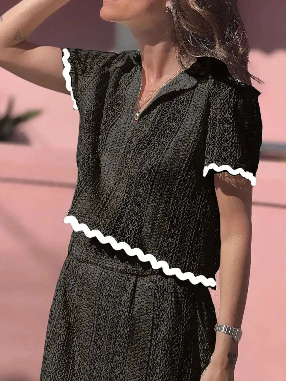 Contrast Trim Openwork Short Sleeve Top and Skirt Set sold by Gigi Laurent product image thumbnail 4
