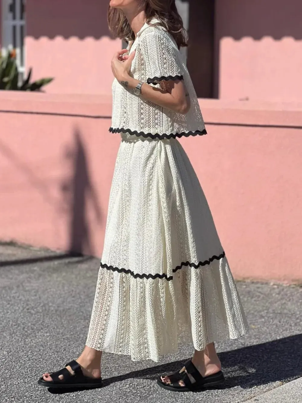 Contrast Trim Openwork Short Sleeve Top and Skirt Set sold by Gigi Laurent product image thumbnail 3