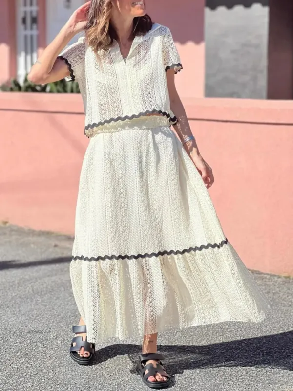 Contrast Trim Openwork Short Sleeve Top and Skirt Set sold by Gigi Laurent