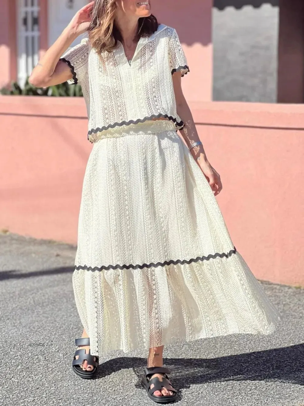 Contrast Trim Openwork Short Sleeve Top and Skirt Set sold by Gigi Laurent