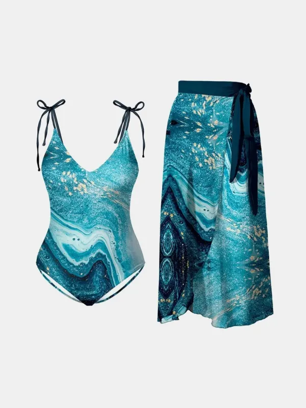 FAM-FAM Printed Tie Shoulder Swimwear and Skirt Swim Set sold by Gigi Laurent