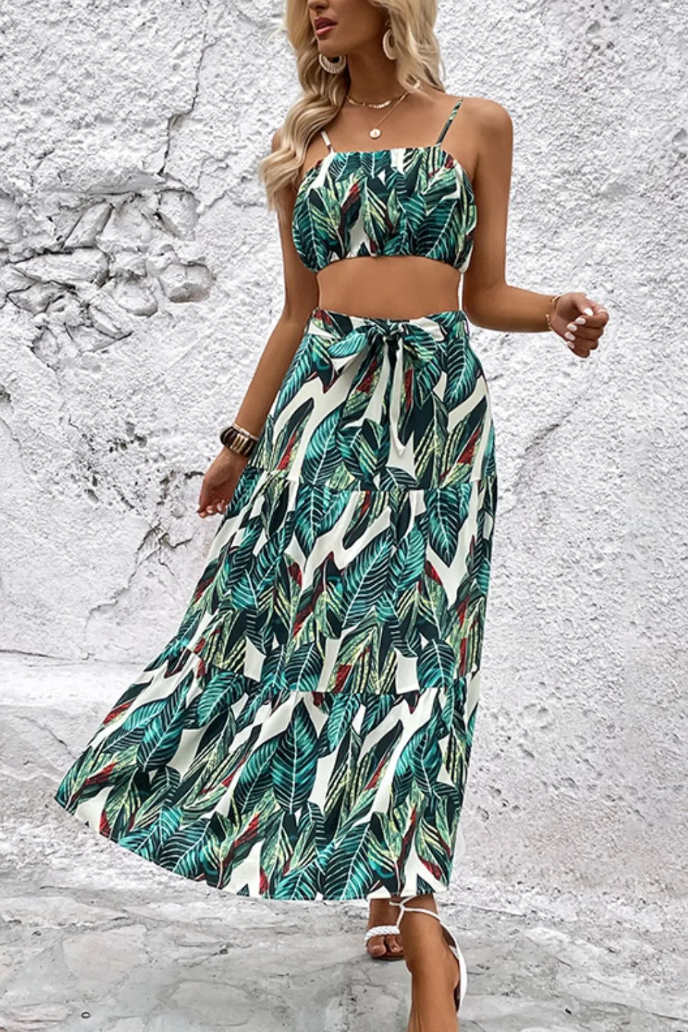 Perfee Botanical Print Cami and Tiered Skirt Set sold by Gigi Laurent