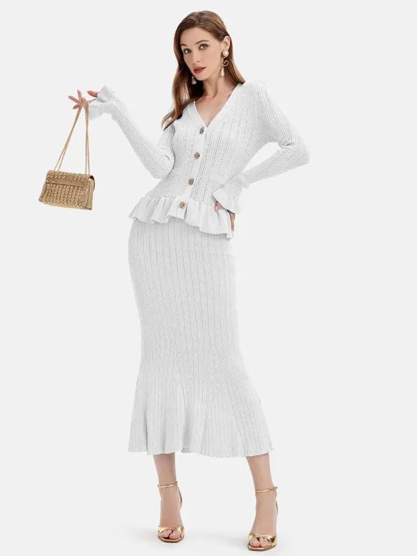 Ruffled V-Neck Top and Midi Skirt Sweater Set sold by Gigi Laurent