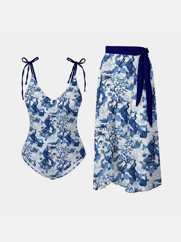 FAM-FAM Printed Tie Shoulder Swimwear and Skirt Swim Set sold by Gigi Laurent