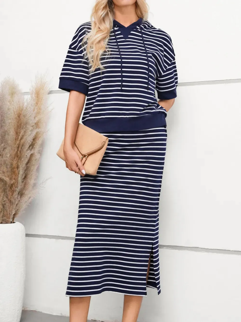 Drawstring Striped Short Sleeve Hooded Top and Skirt Set sold by Gigi Laurent product image thumbnail 3