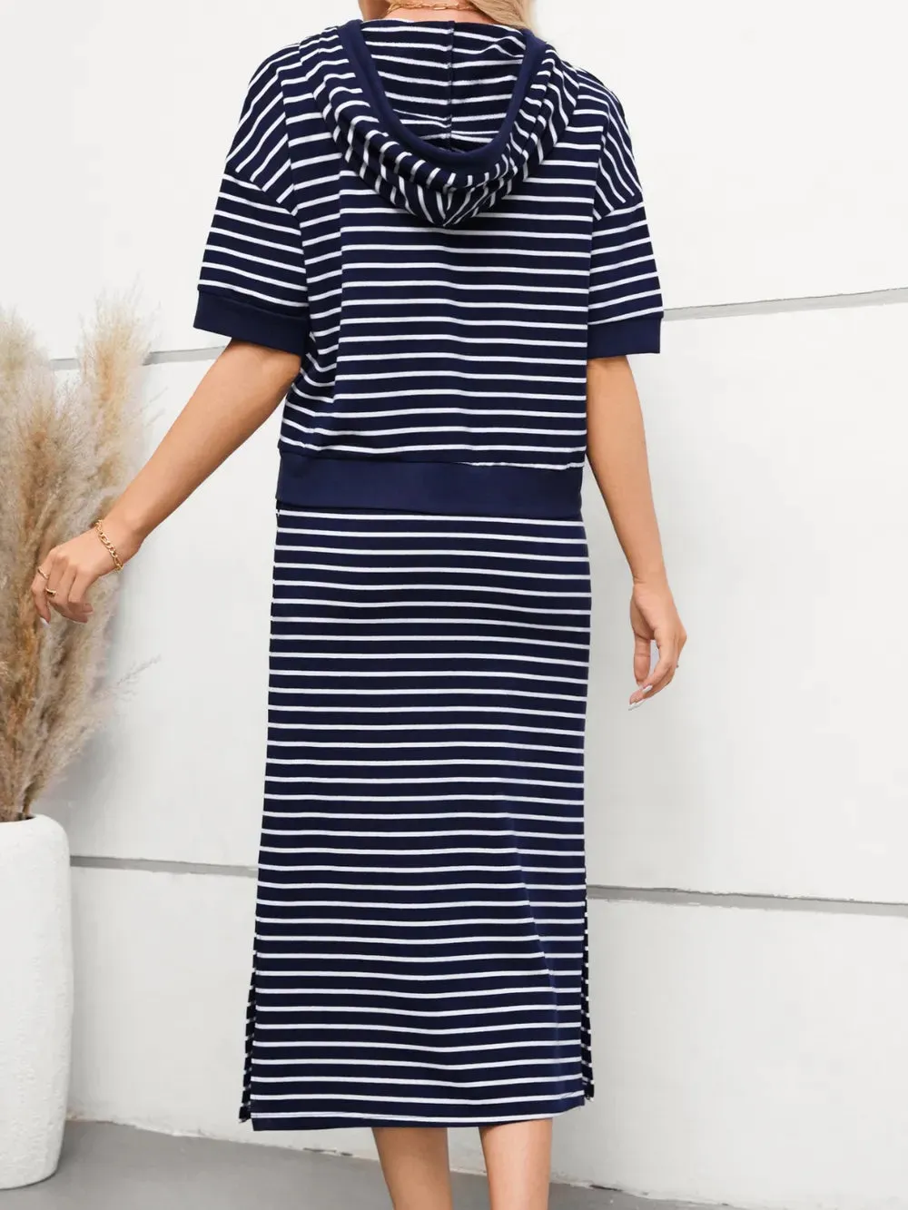 Drawstring Striped Short Sleeve Hooded Top and Skirt Set sold by Gigi Laurent product image thumbnail 2