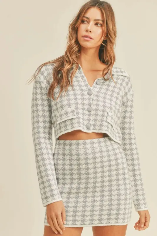 MABLE Houndstooth Cropped Knit Cardigan and Mini Skirt Set sold by Gigi Laurent