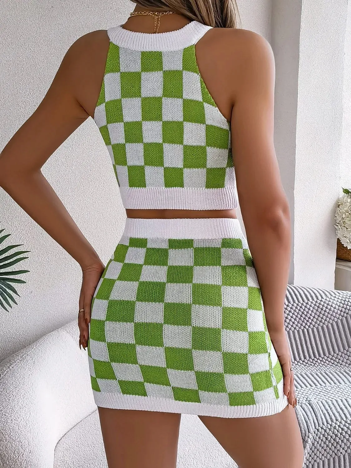 Checkered Grecian Neck Cami and Skirt Sweater Set sold by Gigi Laurent product image thumbnail 3